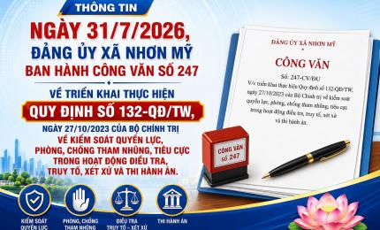 Ngày 31/7/2026, Đảng ủy xã Nhơn Mỹ ban hành Công văn số 247 về triển khai thực hiện Quy định số 132-QĐ/TW, ngày 27/10/2023 của Bộ Chính trị về kiểm soát quyền lực, phòng, chống tham nhũng, tiêu cực trong hoạt động điều tra, truy tố, xét xử và thi hành án.