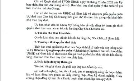 Thông báo đăng ký tham gia tạm thuê quyền khai thác tài sản kết cấu hạ tầng Chợ Sóc Chét