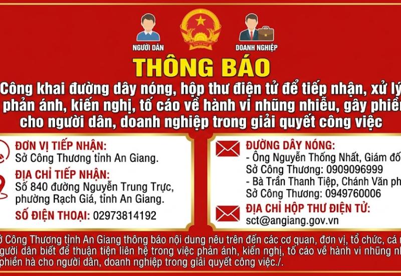 Thông báo công khai đường dây nóng, hộp thư điện tử để tiếp nhận, xử lý các phản ánh, kiến nghị, tố cáo về hành vi nhũng nhiễu, gây phiền hà cho người dân, doanh nghiệp trong giải quyết công việc