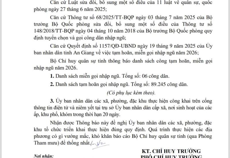 Thông báo danh sách công dân tạm hoãn, miễn gọi nhập ngũ năm 2026